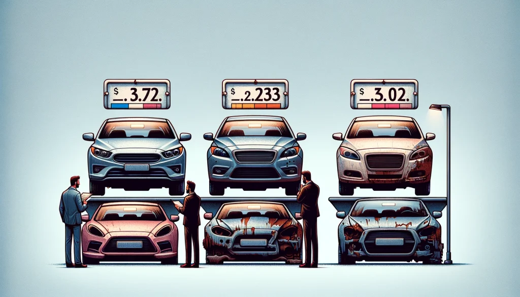 different stages of car depreciation, with price tags indicating their decreasing value