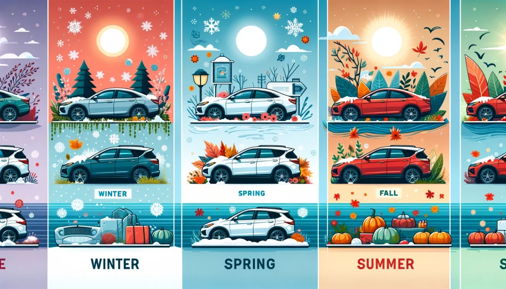 image showing the best time or season to sell a car in the US, with four cars representing winter, spring, summer, and fall. Each car is styled with background elements that signify its respective season.