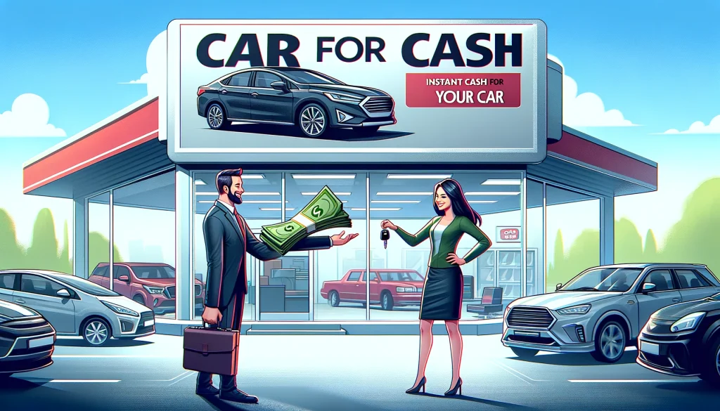 Two people posing beside cars with a sign that reads car for cash, instant cash for your car.