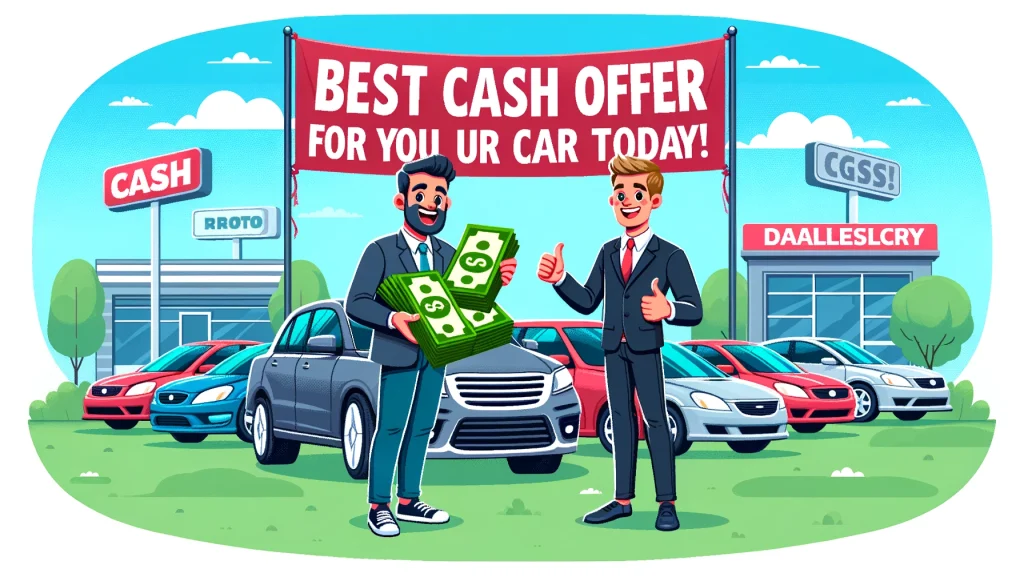 Two people getting the best cash offer for their cars.