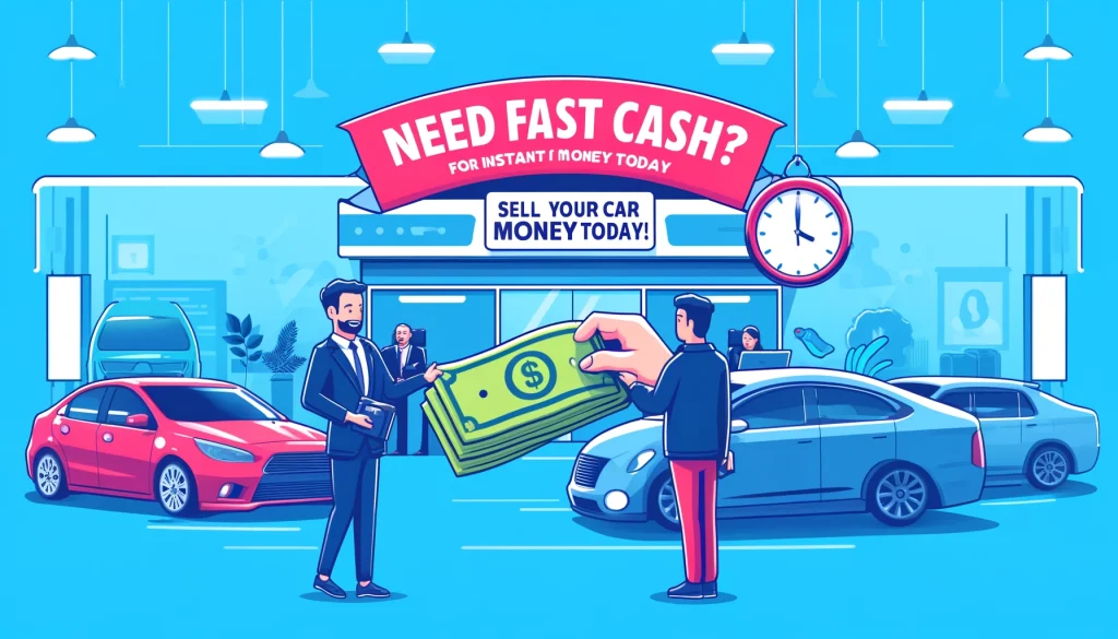 Two people holding dollar bills with a stopwatch on top. Symbolizing to sell your car for instant money