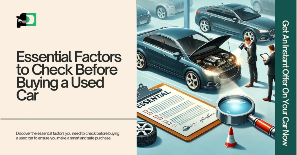 Web banner titled "Essential Factors to Check Before Buying a Used Car" featuring an image of a car inspection and financial icons.