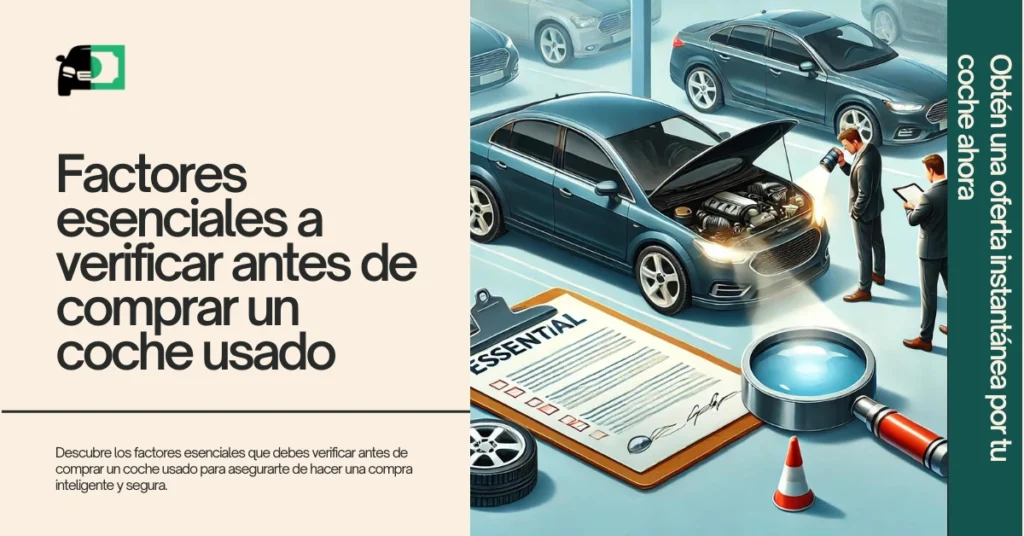 Banner web titulado "Factores esenciales a verificar antes de comprar un coche usado" con una imagen de una inspección de coche y iconos financieros.