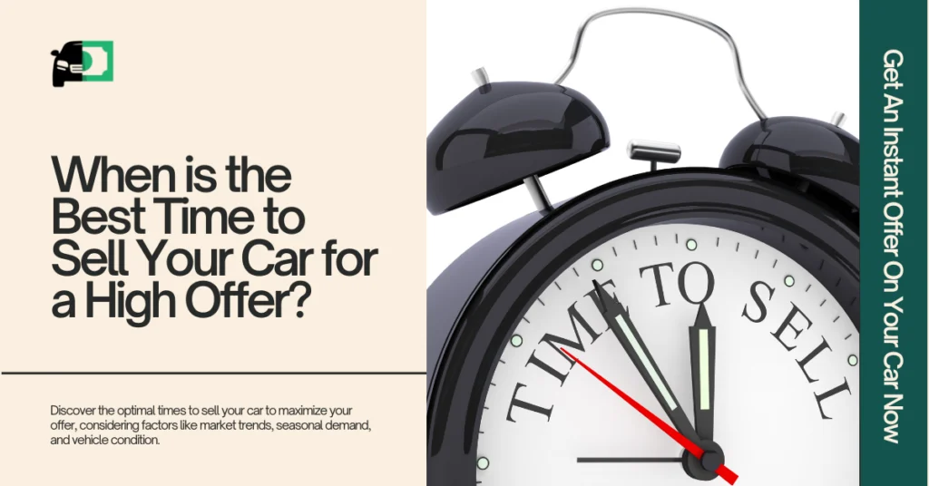 Web banner titled "When is the Best Time to Sell Your Car for a High Offer?" featuring an image of a clock with the words "Time to Sell." The text highlights a guide offering tips to maximize your car's value by considering market trends, seasonal demand, and vehicle condition. A call to action on the side reads "Get An Instant Offer On Your Car Now."