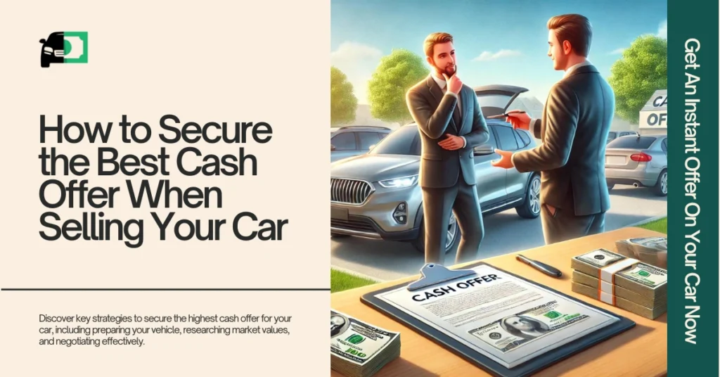 Web banner titled "How to Secure the Best Cash Offer When Selling Your Car" featuring an image of two people negotiating a car sale.