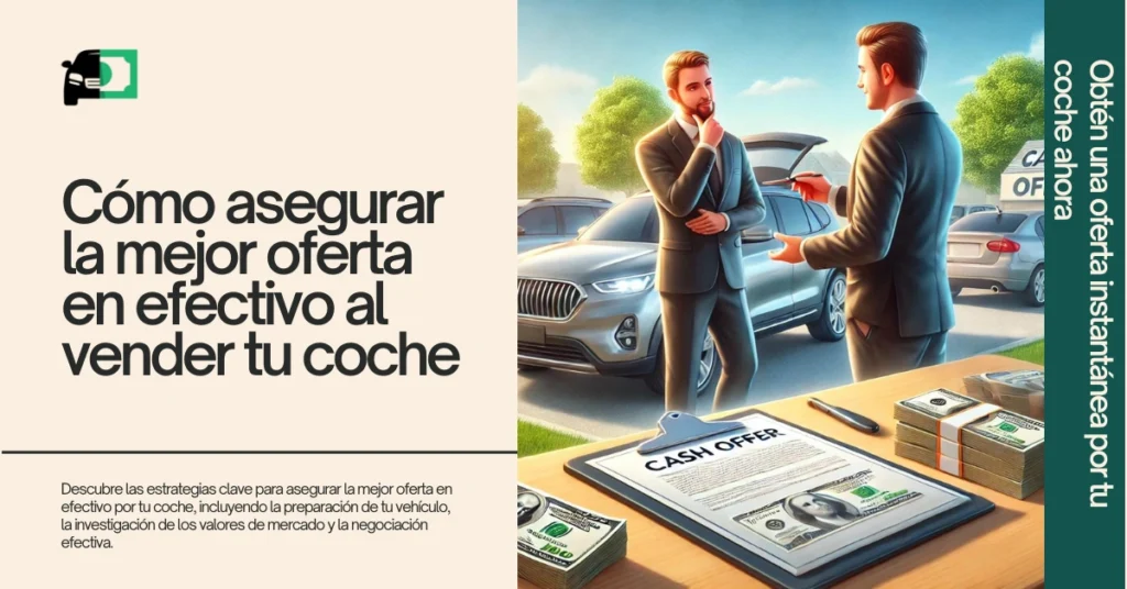 Banner web titulado "Cómo asegurar la mejor oferta en efectivo al vender tu coche" con una imagen de dos personas negociando la venta de un coche.