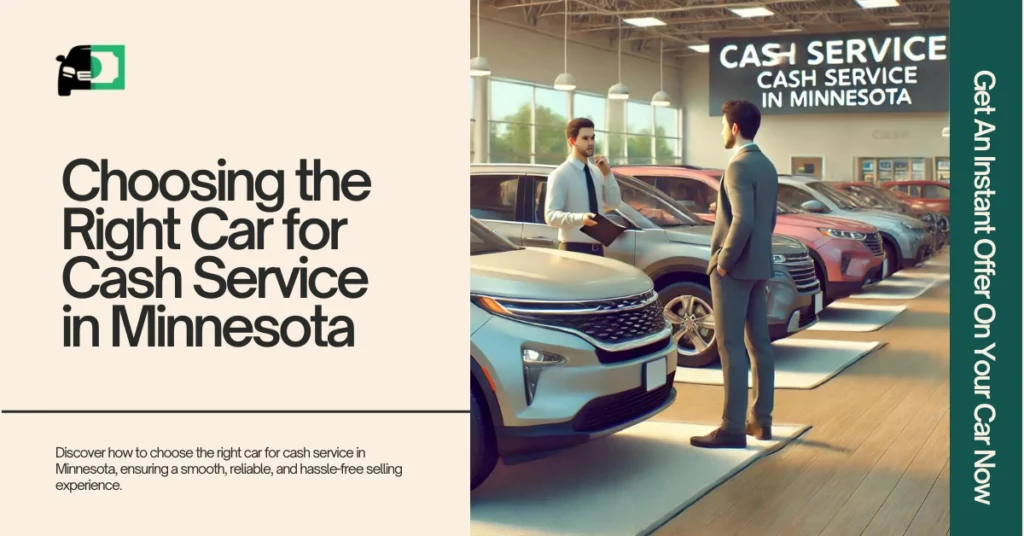 Web banner titled "Choosing the Right Car for Cash Service in Minnesota" featuring an image of two people discussing cars in a showroom.