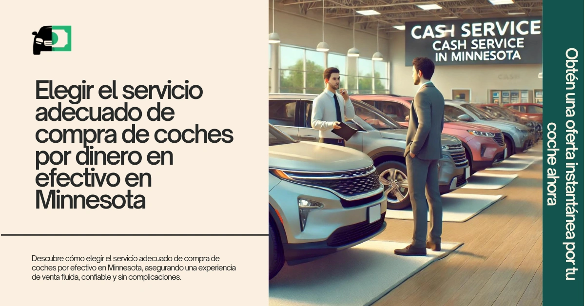 Banner web titulado "Elegir el servicio adecuado de coche por dinero en efectivo en Minnesota" con una imagen de dos personas discutiendo sobre coches en una sala de exposición.