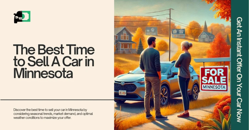 Web banner titled "The Best Time to Sell A Car in Minnesota" featuring an image of two people standing next to a car with a "For Sale" sign.