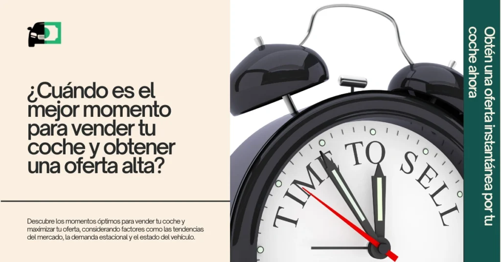 Banner web titulado "¿Cuándo es el mejor momento para vender tu coche y obtener una oferta alta?" con una imagen de un reloj con las palabras "Time to Sell". El texto destaca una guía que ofrece consejos para maximizar el valor de tu coche considerando las tendencias del mercado, la demanda estacional y el estado del vehículo. Un llamado a la acción en el costado dice "Obtén una oferta instantánea por tu coche ahora."