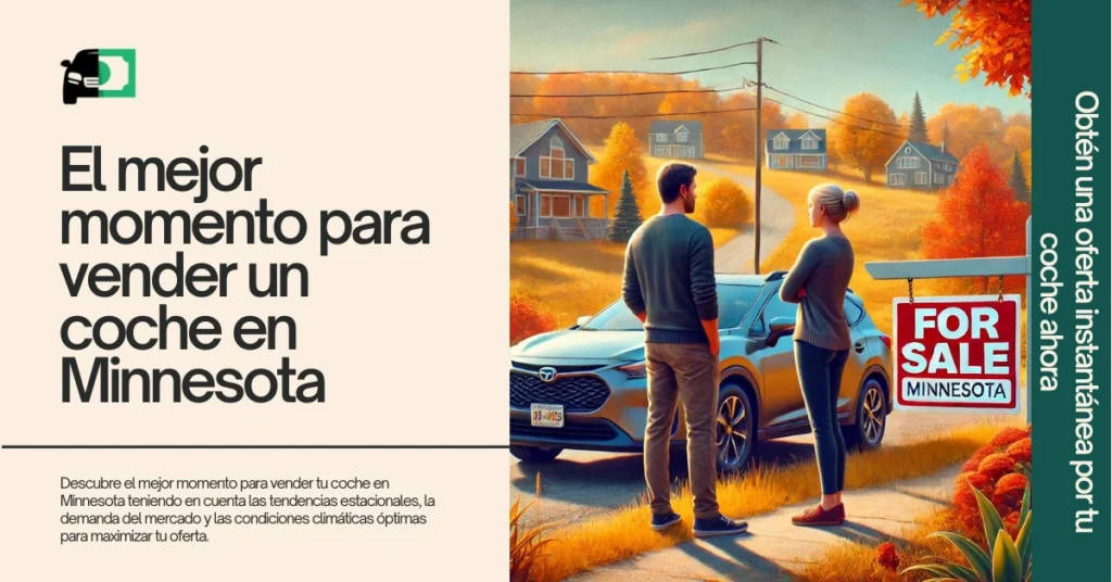 Banner web titulado "El mejor momento para vender un coche en Minnesota" con una imagen de dos personas de pie junto a un coche con un cartel de "Se vende".