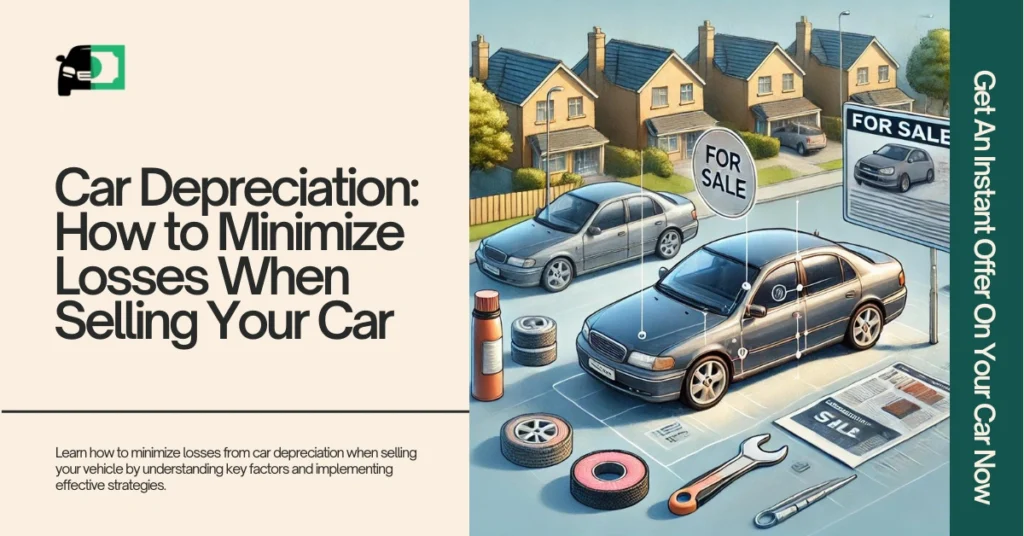 Web banner titled "Car Depreciation: How to Minimize Losses When Selling Your Car" featuring an illustration of cars for sale with tools and parts around them.