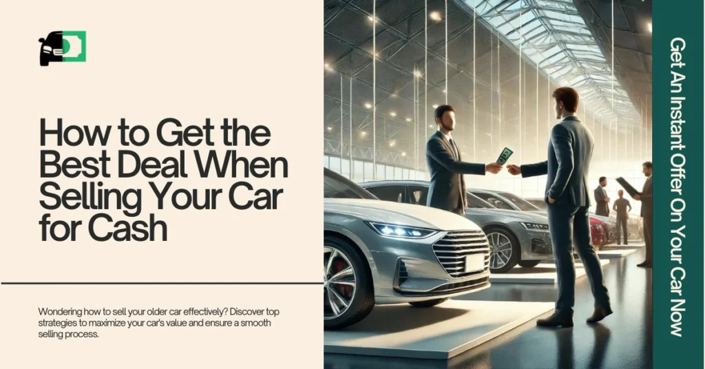 Web banner titled "How to Get the Best Deal When Selling Your Car for Cash" featuring an image of two people exchanging cash for a car in a dealership setting.