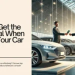 Web banner titled "How to Get the Best Deal When Selling Your Car for Cash" featuring an image of two people exchanging cash for a car in a dealership setting.