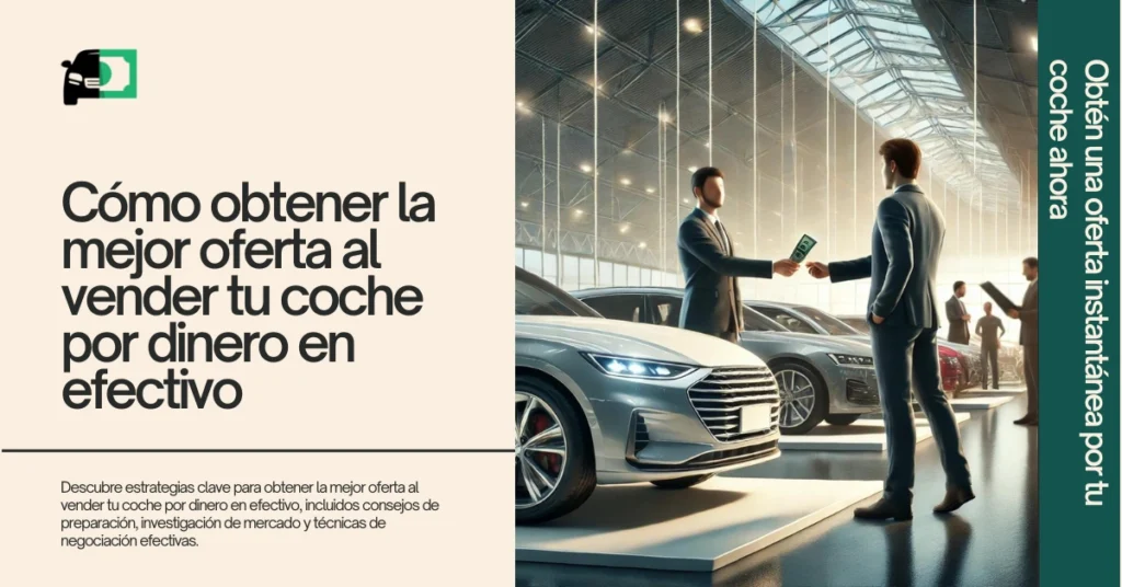 Banner web titulado "Cómo obtener la mejor oferta al vender tu coche por dinero en efectivo" con una imagen de dos personas intercambiando dinero por un coche en un concesionario.