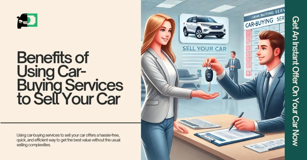 Web banner titled "Benefits of Using Car-Buying Services to Sell Your Car" featuring an illustration of a woman handing car keys to a man in a dealership setting.