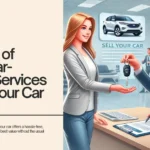 Web banner titled "Benefits of Using Car-Buying Services to Sell Your Car" featuring an illustration of a woman handing car keys to a man in a dealership setting.