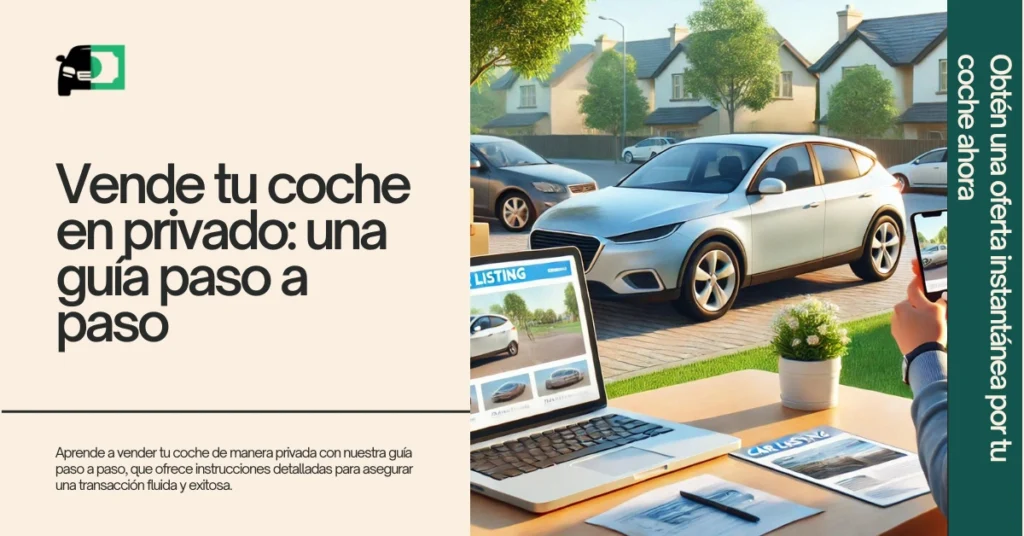 Banner web titulado "Vende tu coche en privado: una guía paso a paso" con una imagen de un anuncio de coche en un portátil y un coche aparcado en un vecindario.