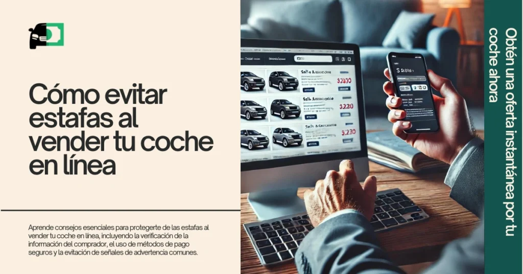 Banner web titulado "Cómo evitar estafas al vender tu coche en línea" con una imagen de una persona usando una computadora y un teléfono inteligente para listar coches en venta.