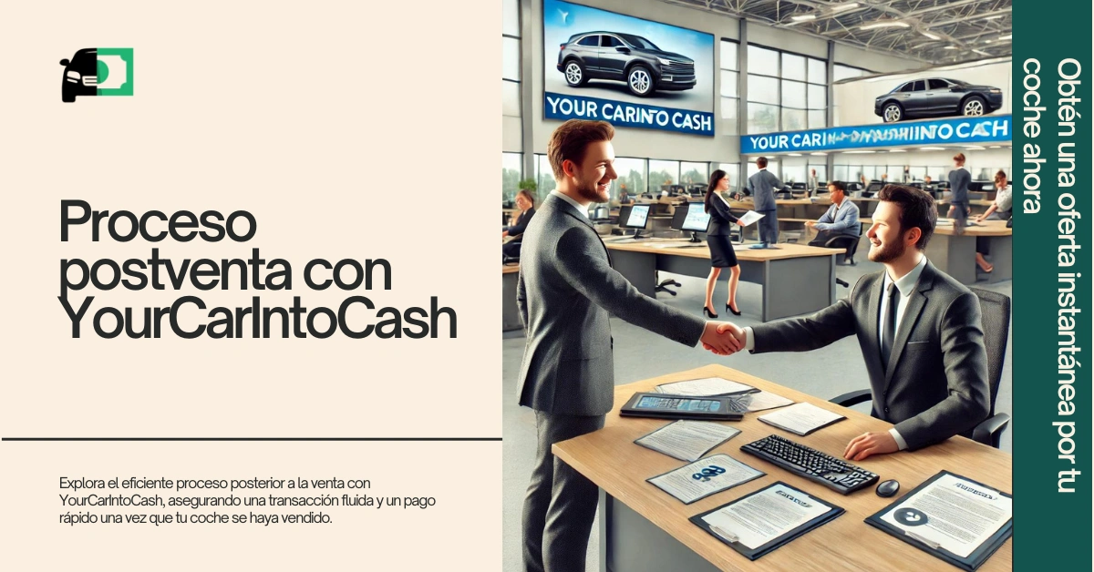 Banner web titulado "Proceso post-venta con YourCarIntoCash" con una imagen de dos personas dándose la mano en una oficina de ventas de coches.