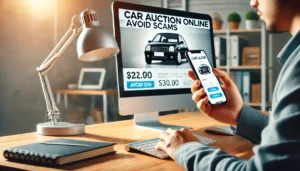 Partial view of a person selling a car online. Focus on a computer screen with a car auction site, hand holding a smartphone, and a home office background.