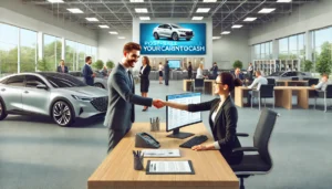 a post-sale car transaction inside the YourCarIntoCash auction house. The scene captures the modern and professional atmosphere during the finalization of the car purchase.