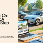 Web banner titled "Sell Your Car Privately: A Step-by-Step Guide" featuring an image of a car listing on a laptop and a car parked in a neighborhood.