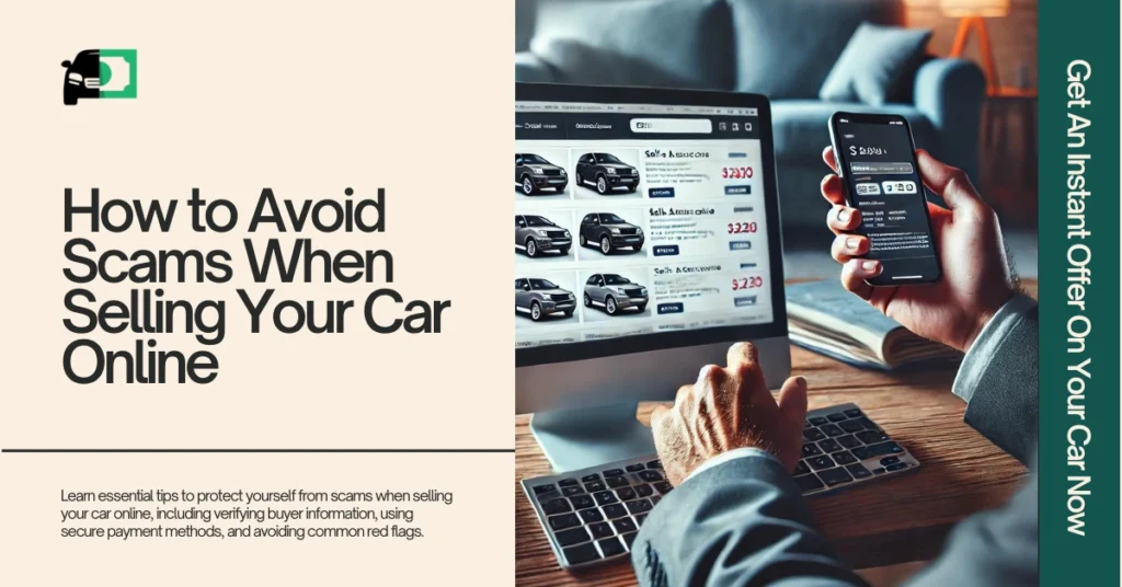 Web banner titled "How to Avoid Scams When Selling Your Car Online" featuring an image of a person using a computer and smartphone to list cars for sale.