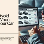 Web banner titled "How to Avoid Scams When Selling Your Car Online" featuring an image of a person using a computer and smartphone to list cars for sale.