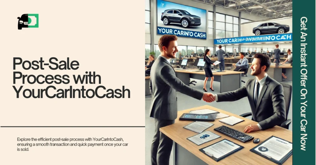 Web banner titled "Post-Sale Process with YourCarIntoCash" featuring an image of two people shaking hands in a car sales office.