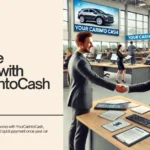 Web banner titled "Post-Sale Process with YourCarIntoCash" featuring an image of two people shaking hands in a car sales office.