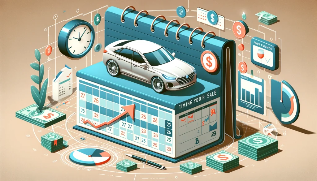 A car in an elevated platform surrounded by factors of when is the best time to sell your car for high offer.