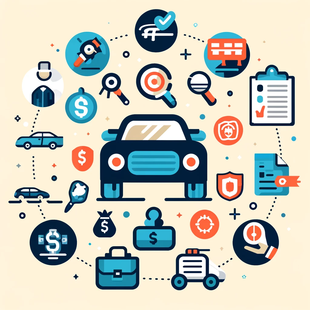 A car surrounded by different factors to consider when buying a used car.