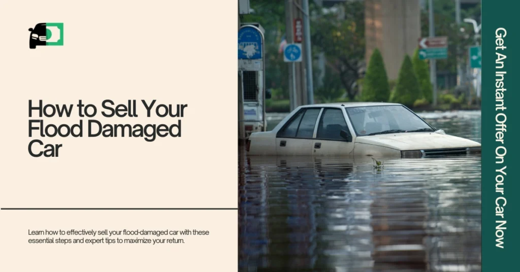 A car submerged in floodwater with text overlay: 'How to Sell Your Flood Damaged Car' and a subtext 'Learn how to effectively sell your flood-damaged car with these essential steps and expert tips to maximize your return.'