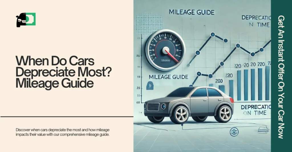 A chart showing car depreciation over time with a focus on mileage, accompanied by an image of a car and a speedometer, illustrating the topic "When Do Cars Depreciate Most? Mileage Guide."