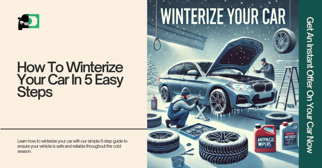 A car being winterized in a snowy garage, with mechanics working on the tires and engine, alongside items like antifreeze and tools. The text reads, "How To Winterize Your Car In 5 Easy Steps.