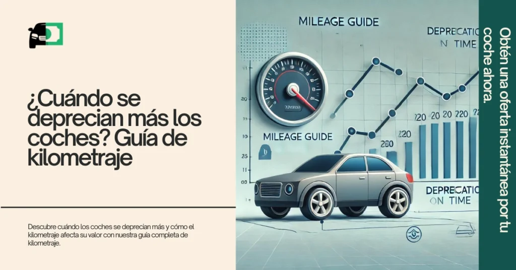 Un gráfico que muestra la depreciación de los coches a lo largo del tiempo con un enfoque en el kilometraje, acompañado de una imagen de un coche y un velocímetro, ilustrando el tema '¿Cuándo se deprecian más los coches? Guía de kilometraje.'