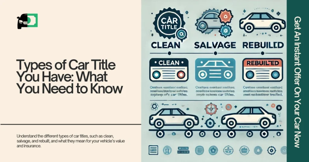 An infographic displaying different types of car titles including clean, salvage, and rebuilt. Each type is represented by an icon of a car, gears, and various symbols, providing a visual explanation without text.