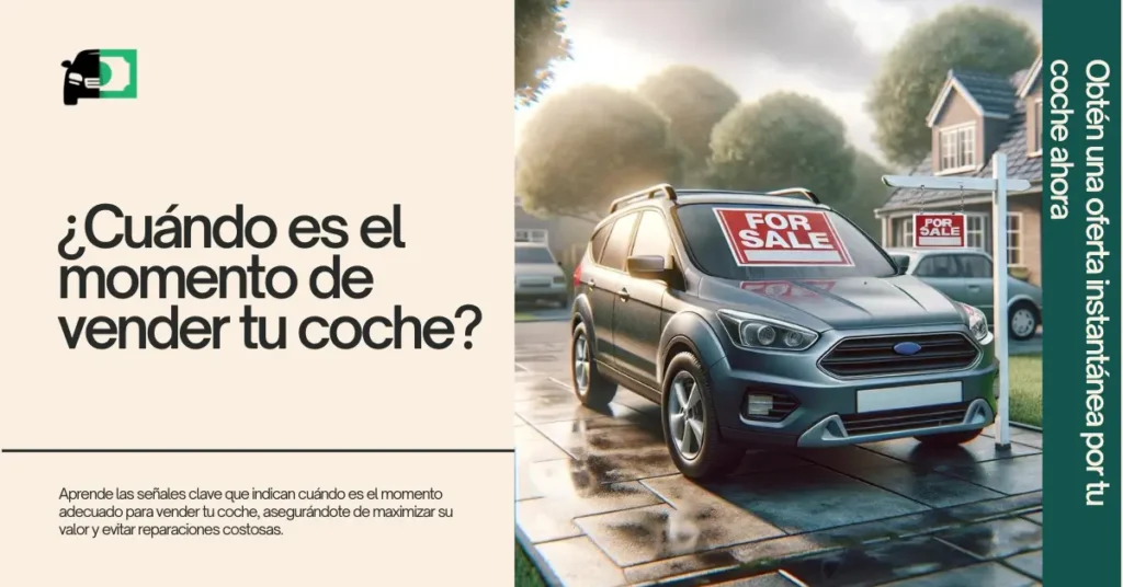 SUV estacionado en un camino de entrada residencial con un letrero de "Se Vende" en el parabrisas, indicando que es hora de vender.