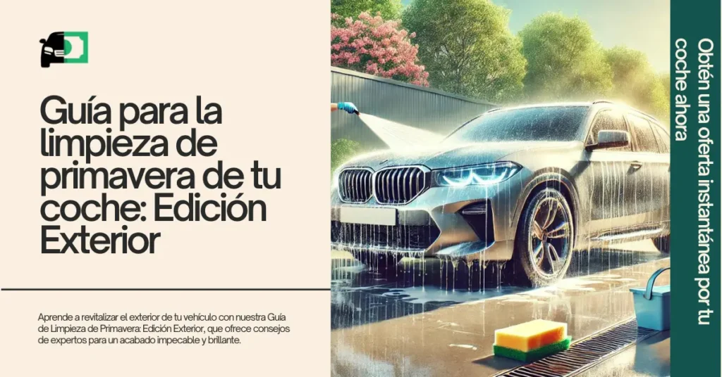 Una imagen con un título y descripción sobre cómo revitalizar el exterior de tu coche con consejos de limpieza expertos. En el lado derecho, se muestra un coche siendo lavado, destacando un acabado brillante e impecable. La imagen también incluye un llamado a la acción para obtener una oferta instantánea por tu coche.