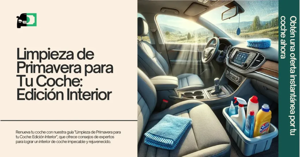 Un interior de coche luminoso y acogedor, recién limpiado con la luz del sol entrando por las ventanas, mostrando suministros y herramientas de limpieza, promoviendo una guía sobre cómo hacer una limpieza de primavera en el interior de tu coche.