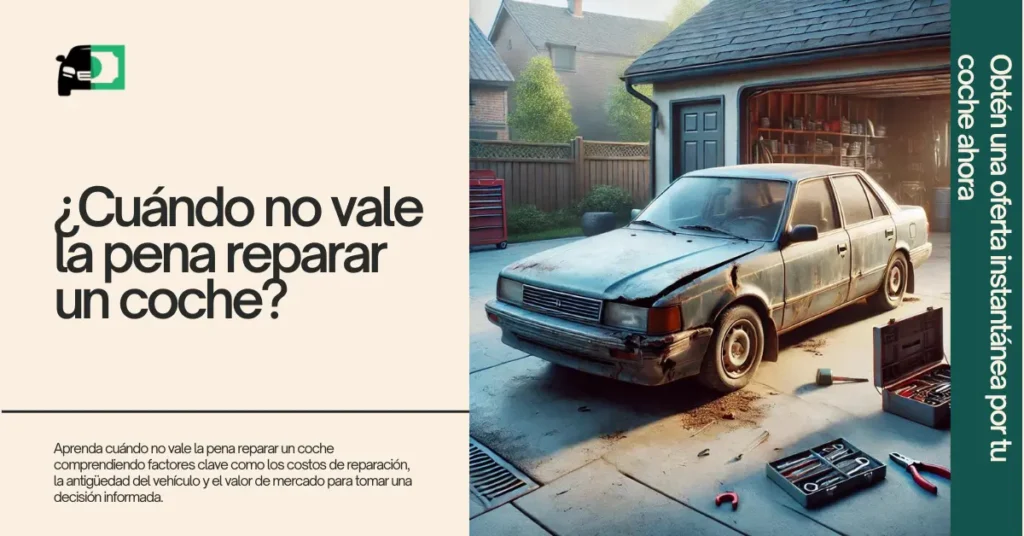 Un coche viejo, ligeramente dañado, con un cartel de 'Se Vende', estacionado en una entrada, que representa el proceso de toma de decisiones entre reparar o vender un vehículo.