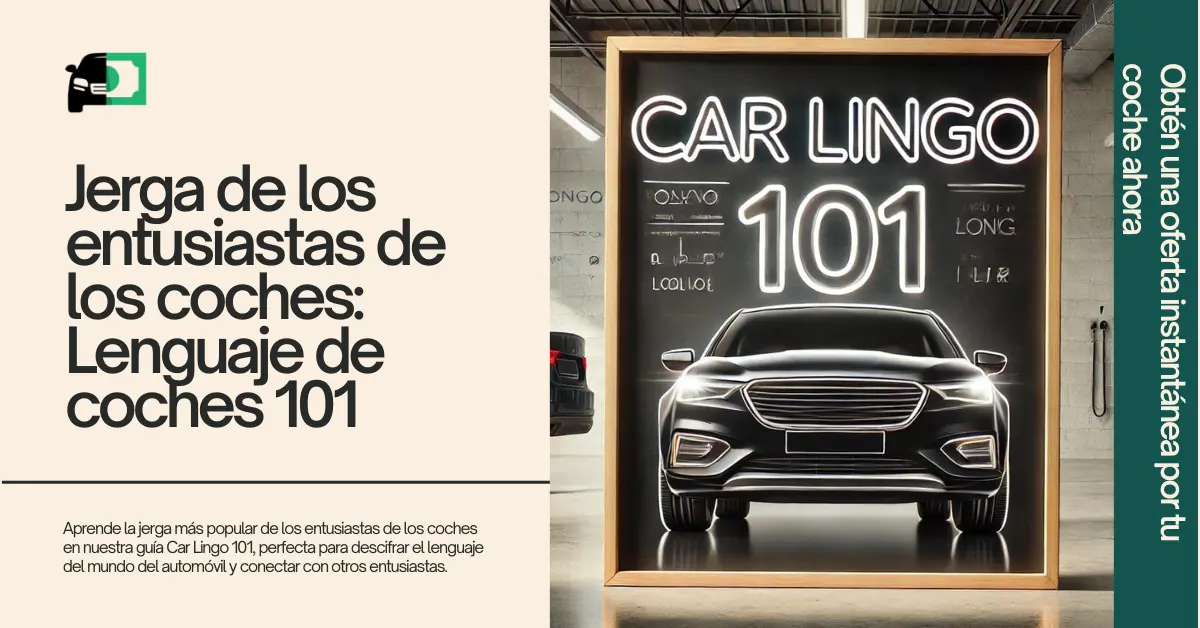 Un letrero iluminado con neón que dice "Car Lingo 101" se muestra frente a un coche elegante, promoviendo una guía sobre el argot y la terminología populares entre los entusiastas de los coches.