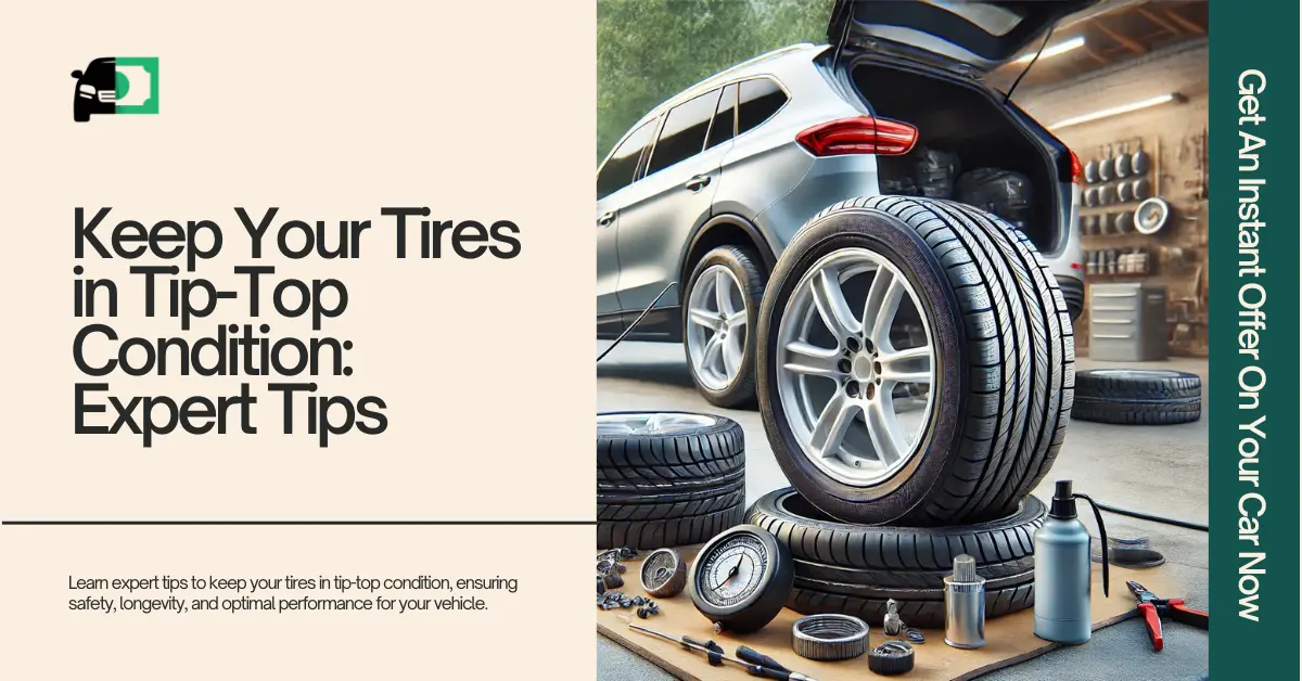 A close-up of a car tire with various tools and equipment around it, promoting expert tips on maintaining tire condition for safety and optimal vehicle performance.