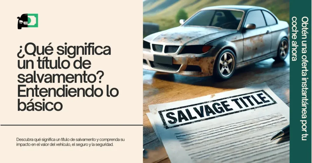 Una imagen en primer plano que muestra un coche desgastado estacionado detrás de un documento de título de salvamento, simbolizando el concepto de comprender los títulos de salvamento y su impacto en la propiedad del vehículo.