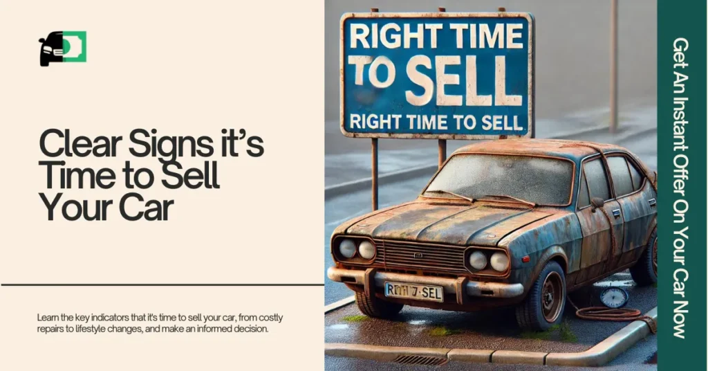 An old, worn-out car parked by the roadside with a large sign overhead that reads 'Right Time to Sell.' The image emphasizes the clear indicators that it's time to sell your car.