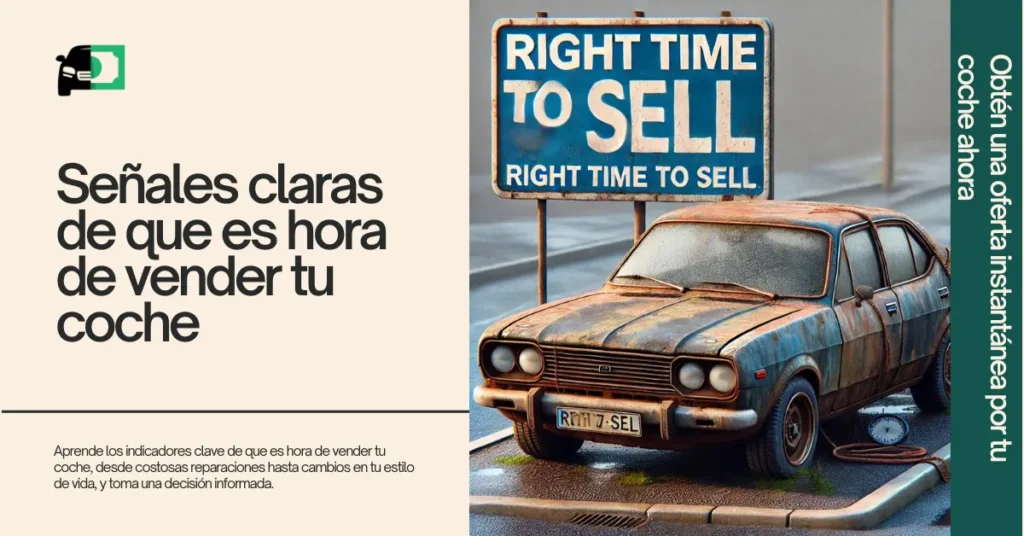 Un coche viejo y desgastado estacionado al borde de la carretera con un gran cartel encima que dice 'El momento adecuado para vender'. La imagen enfatiza los indicadores claros de que es hora de vender tu coche.