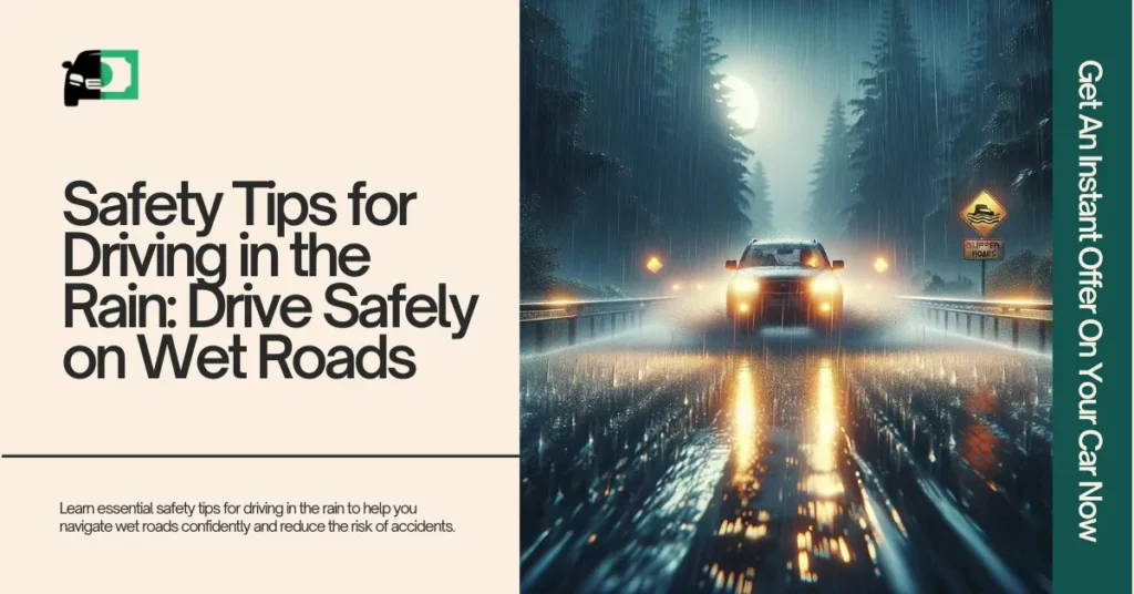 Car driving cautiously on a wet, slippery road during a rainy sunset, with a 'Slippery Road' sign visible on the side.