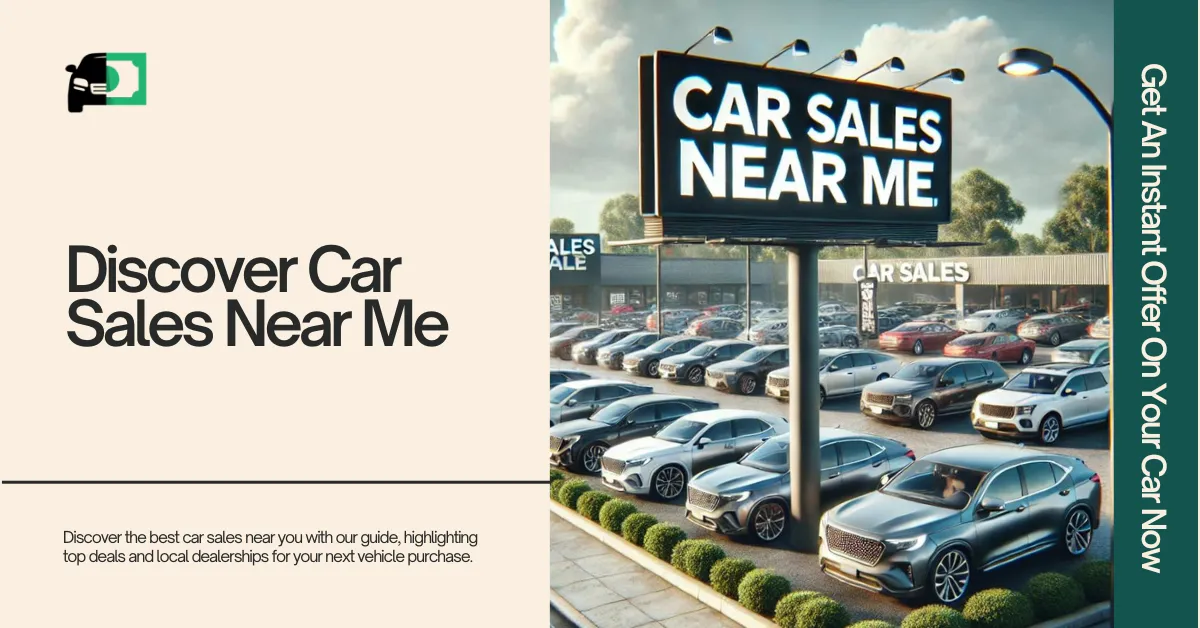 Car dealership lot with a large sign reading 'Car Sales Near Me,' surrounded by various vehicles ready for sale.