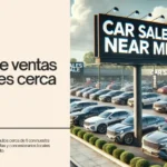 Lote de concesionaria de automóviles con un gran letrero que dice 'Venta de coches cerca de mí,' rodeado de varios vehículos listos para la venta.